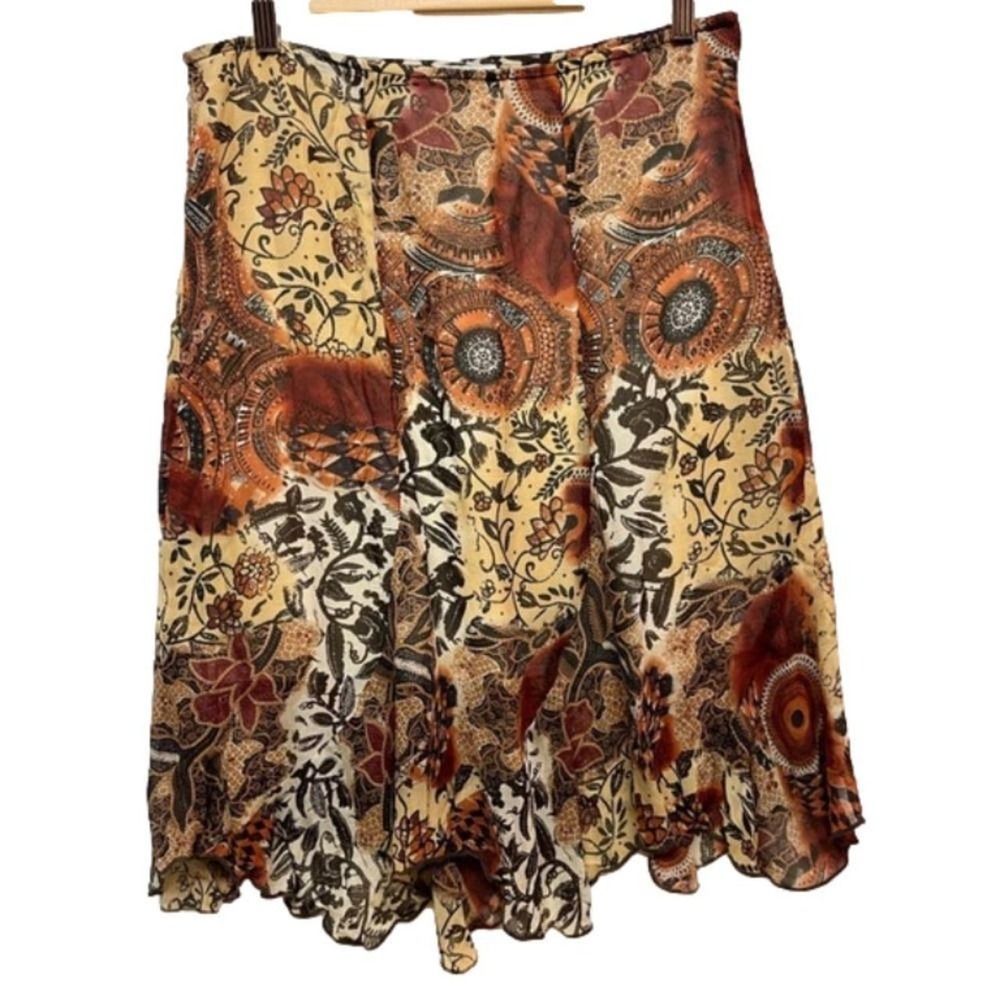 Vintage Clio Womens 8 Warm-Browns Floral Skirt Rayon Midi Lined Boho Urban Chic